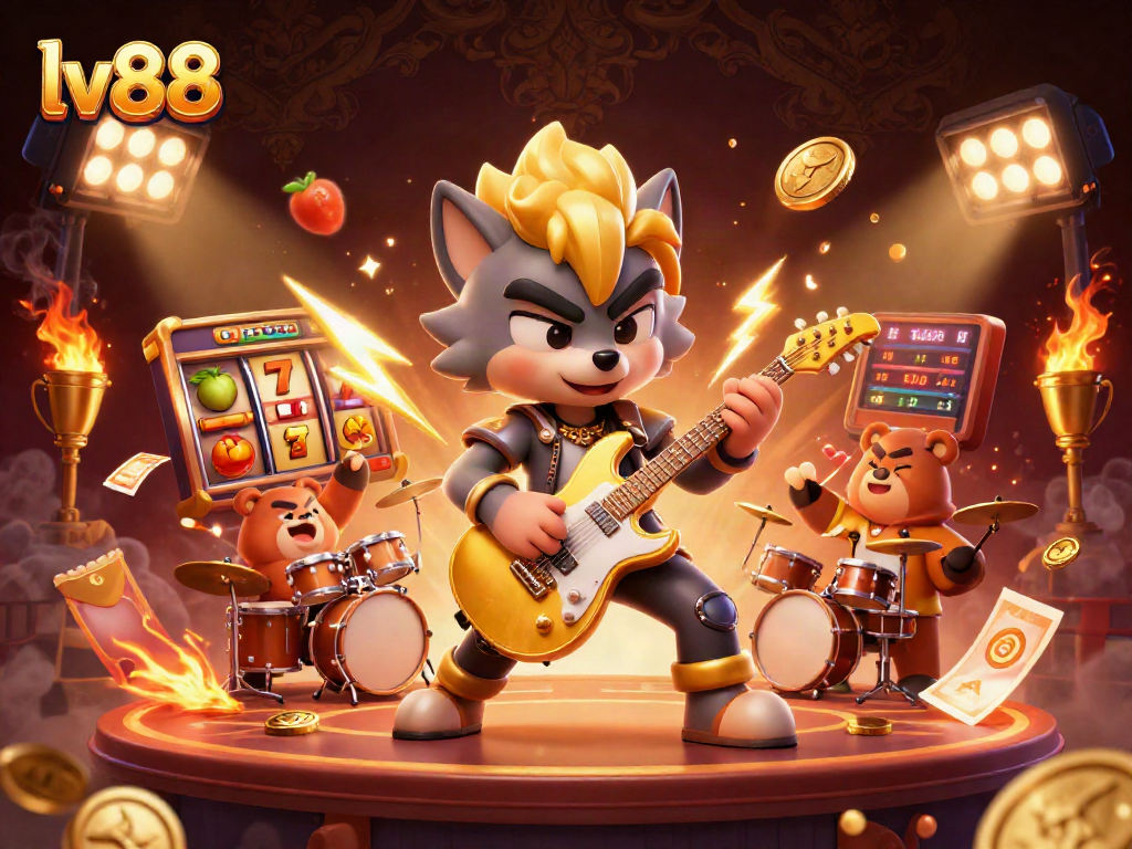 Experience high-energy gaming with lv88 as a rockstar wolf and drummer bear ignite the casino stage.