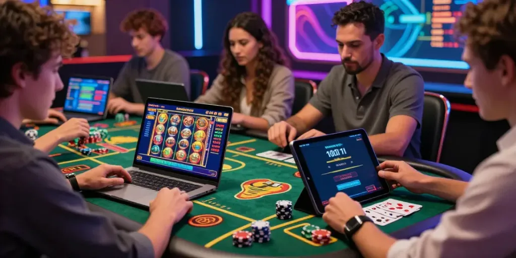 Players engaging in non GamStop casino games on laptops and tablets in a vibrant online gaming environment.