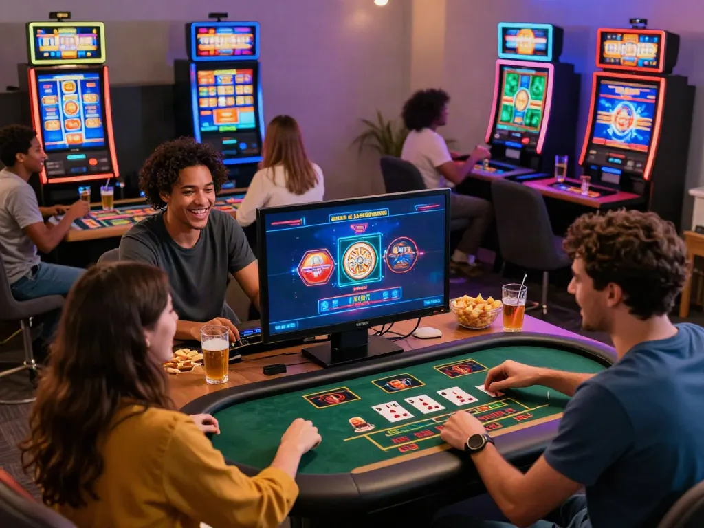 Group enjoying non Gamstop online casino games in a vibrant home setting.