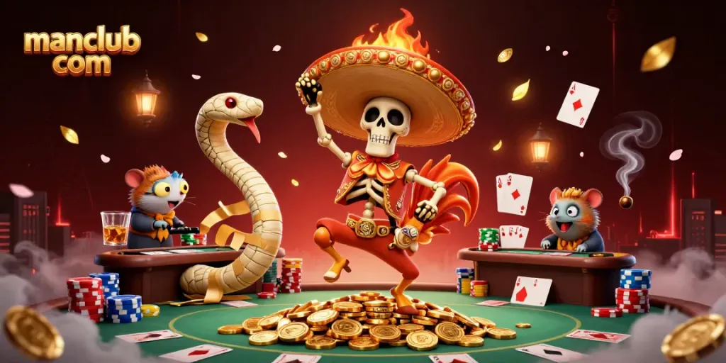Join the excitement at manclub com with a vibrant casino scene featuring lively characters and poker elements.