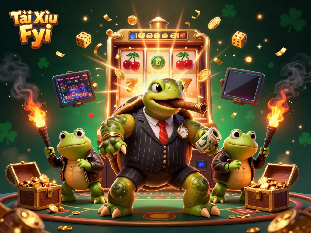 Tài Xỉu Fyi features a lively scene with a turtle mobster and bullfrog enforcers enjoying the casino excitement.