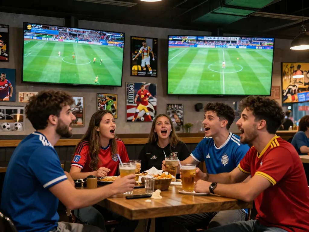 Xoilactv viewers enjoying a thrilling soccer match in a lively sports bar.