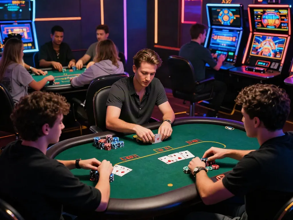Group of friends enjoying a vibrant non GamStop online casino gaming session.