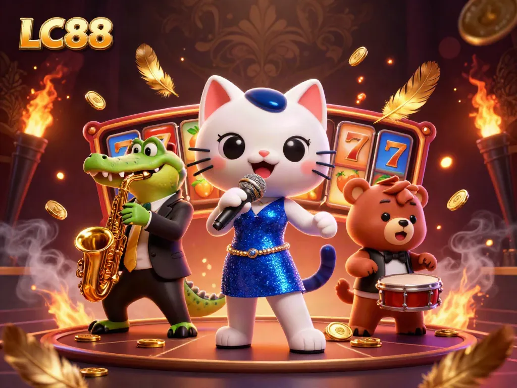 LC88 engaging players with a lively casino scene featuring cartoon characters and slot reels.