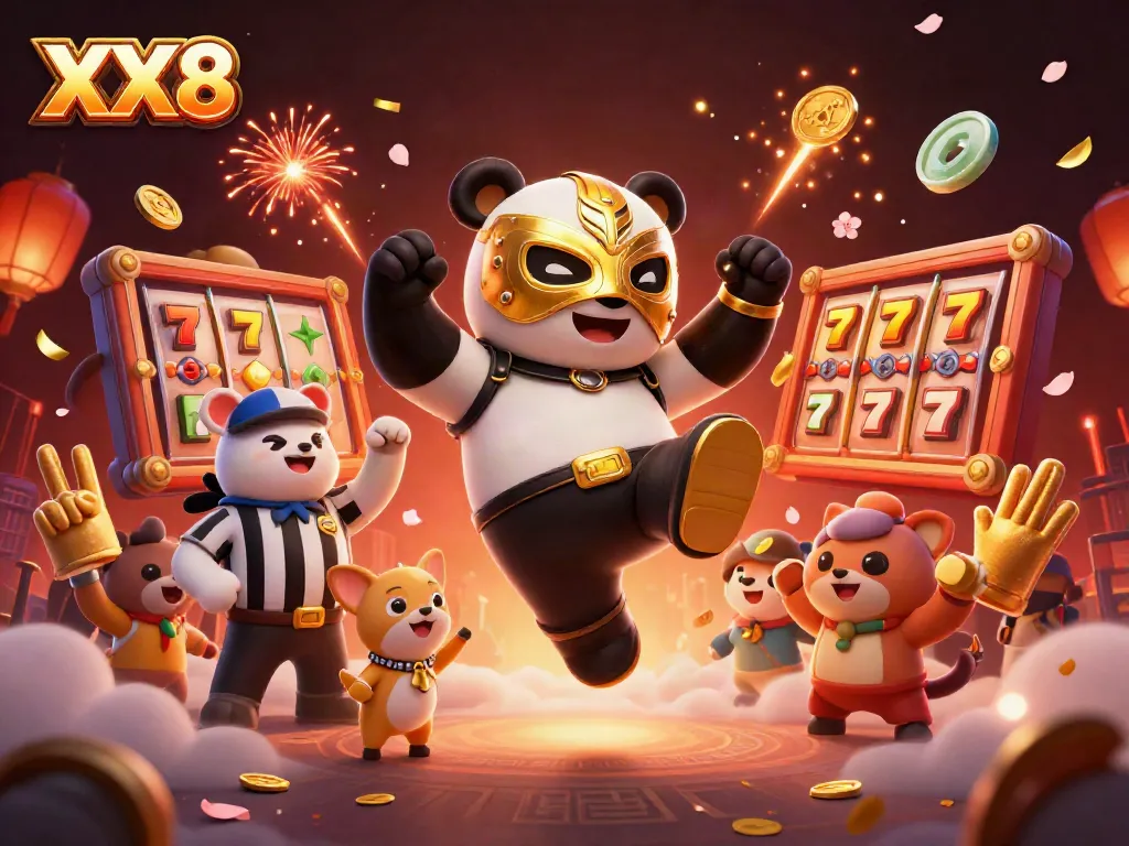 Experience the excitement of XX8 with an animated panda wrestler and festive casino elements!