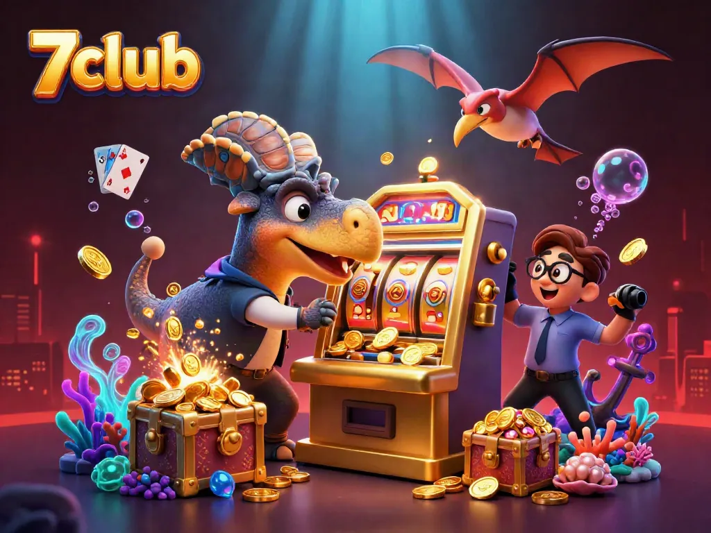 7club showcases a vibrant 3D scene with cartoon dinosaurs engaging in exciting casino actions, capturing jackpots.