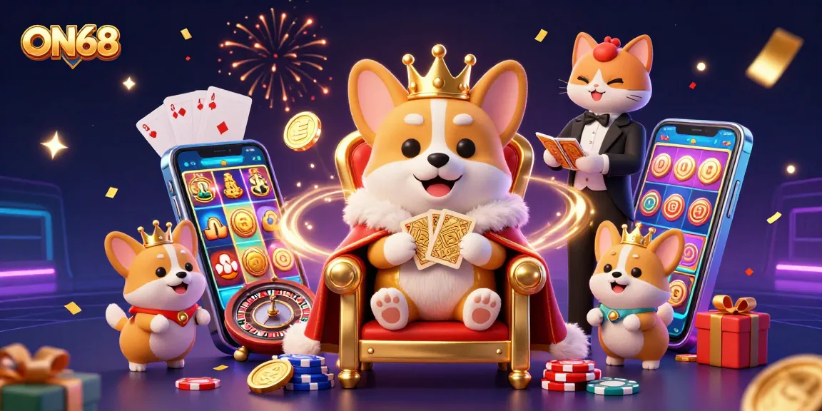 Experience thrilling gameplay at ON68 with a royal corgi and its entourage surrounded by slot games and casino elements.