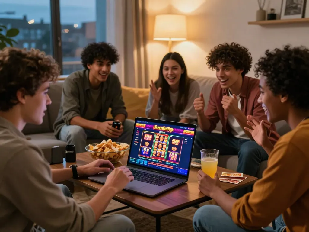 Friends enjoying online non GamStop casino gaming in a cozy living room.