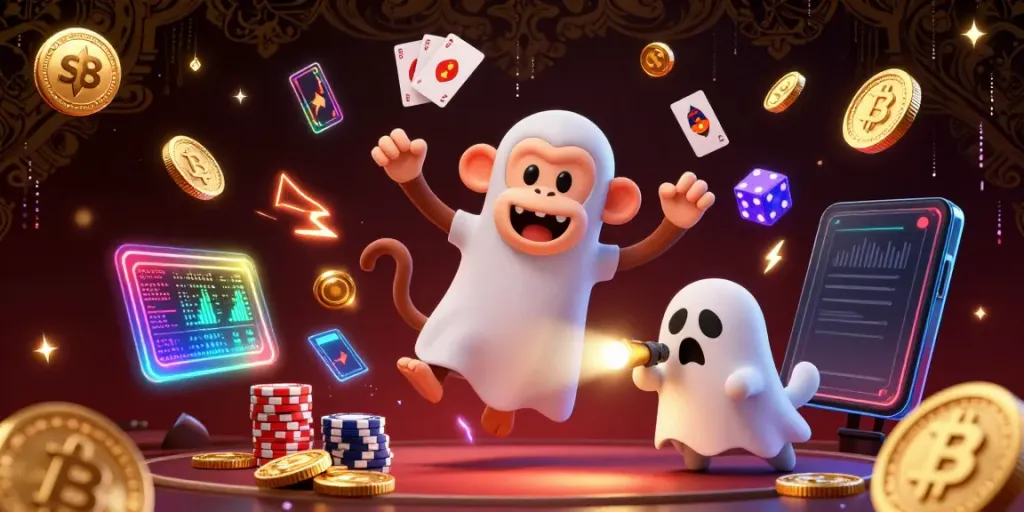Experience thrilling gameplay with s8 as a mischievous monkey juggles casino treasures in a vibrant haunted setting.