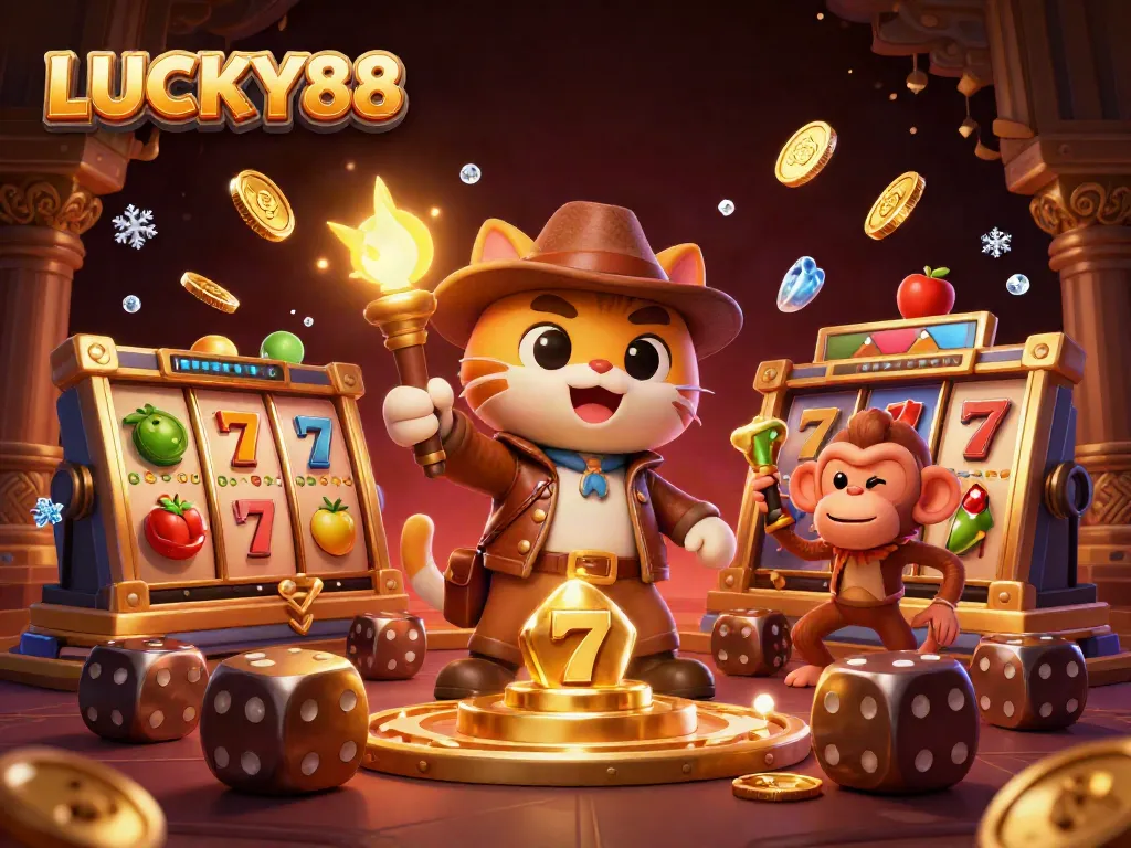 Experience the thrill of LUCKY88 with a cartoon archaeologist cat and monkey uncovering casino treasure.
