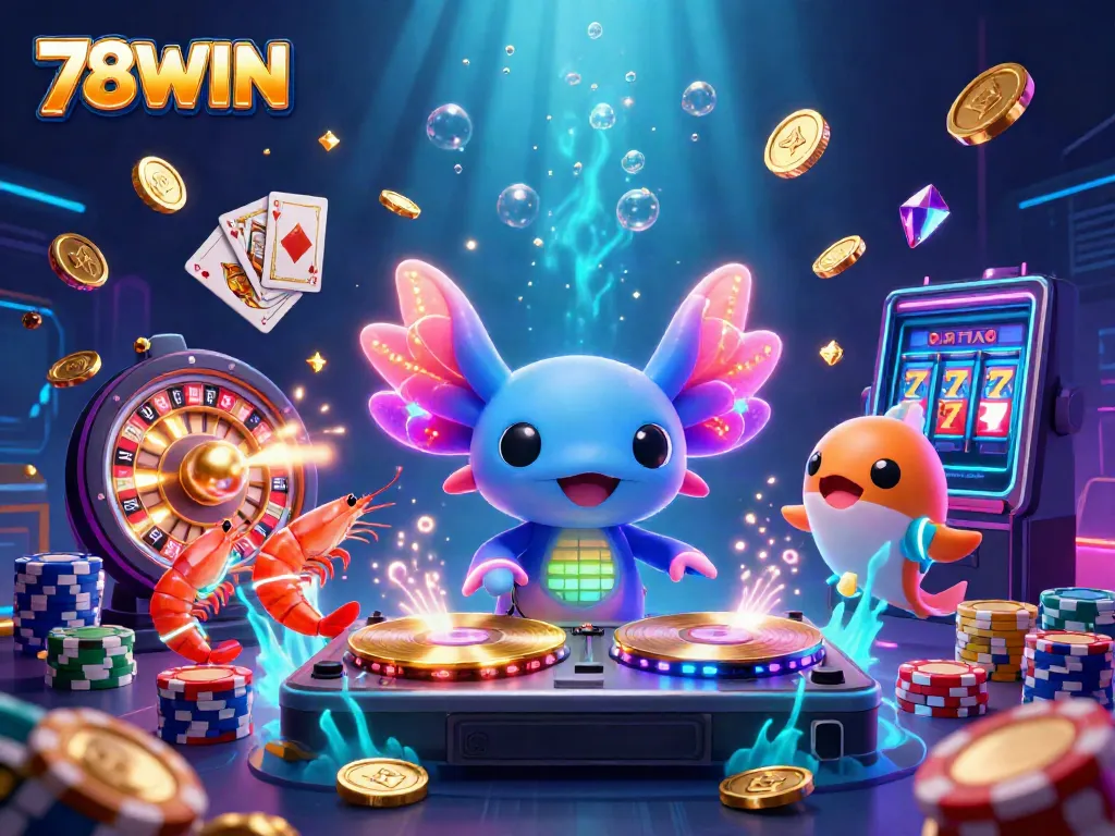 Experience the excitement of 78WIN with vibrant casino elements and a lively underwater DJ party.