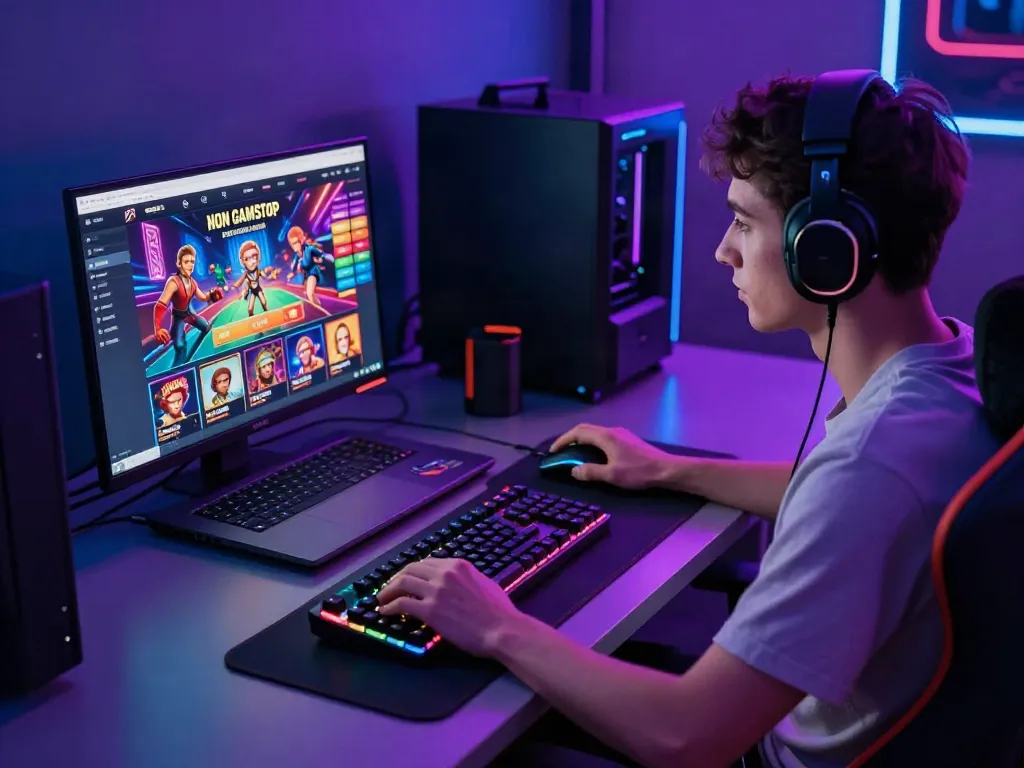 Engaged player gaming at a non GamStop online casino setup with vibrant lighting.