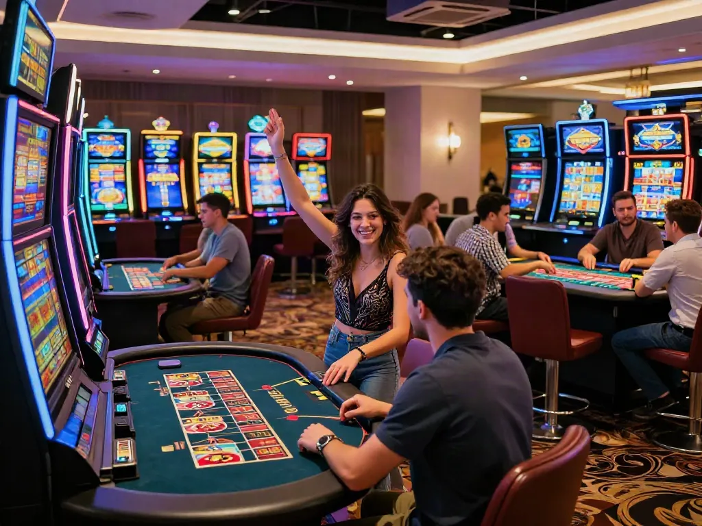 A group of players enjoying a lively atmosphere at a non GamStop casino, celebrating wins, engaging in games, and exhibiting excitement.