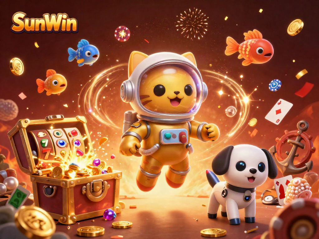 Win big with SunWin as a space cat and robot dog explore a vibrant gambling universe filled with treasures.