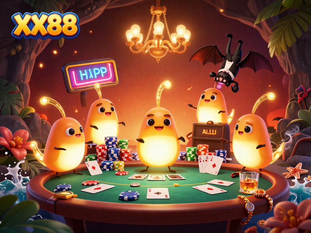 Experience the thrill of poker at XX88's vibrant casino, illuminated by glowing glowworms.