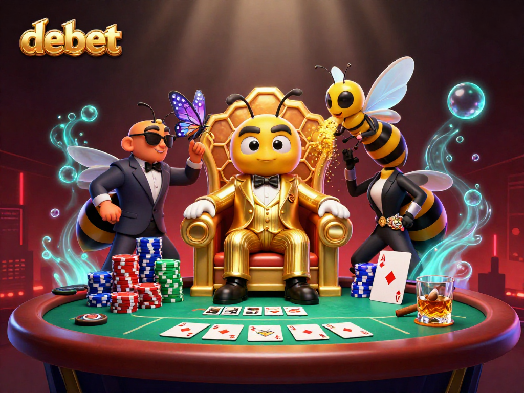 Engage in debet with a thrilling poker scene featuring a cartoon bee mob boss and vibrant casino elements.