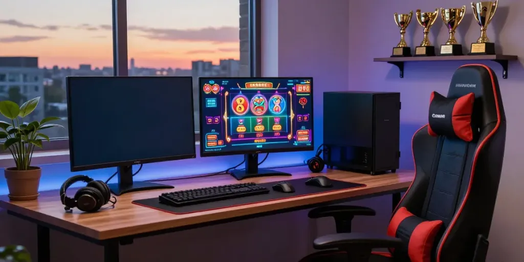 Non GamStop gaming setup with dual monitors and vibrant LED lighting.