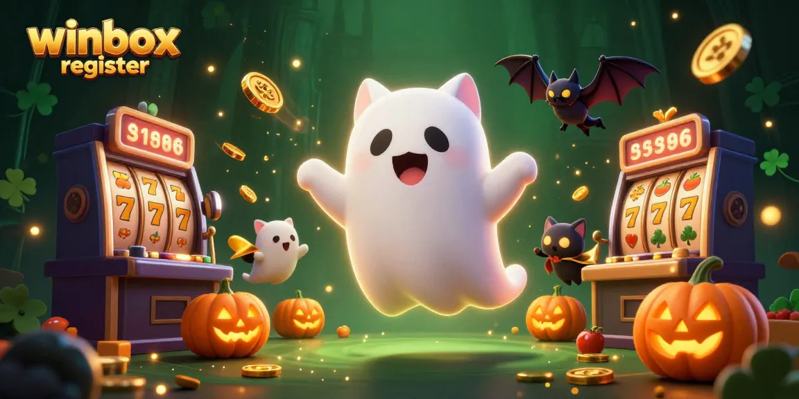Enjoy the excitement of winbox register with a ghost cat and friends amidst slot machines and glowing jackpots.