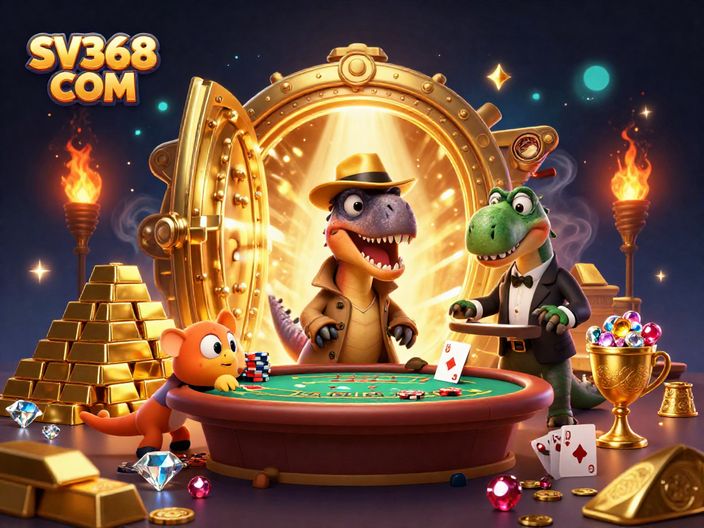 Experience SV368 COM's thrilling gaming atmosphere with playful characters at the casino.