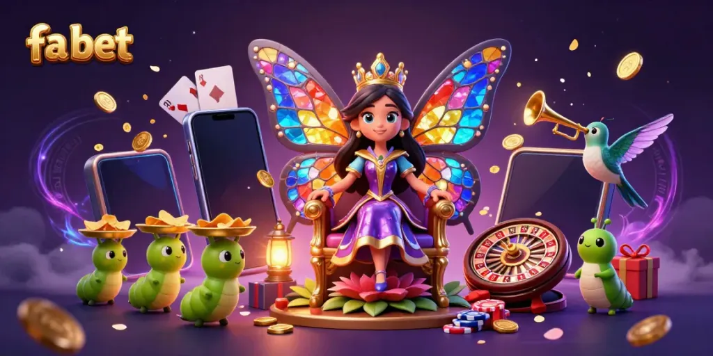 Experience the excitement of fa bet with a vibrant 3D casino illustration featuring games and colorful characters.