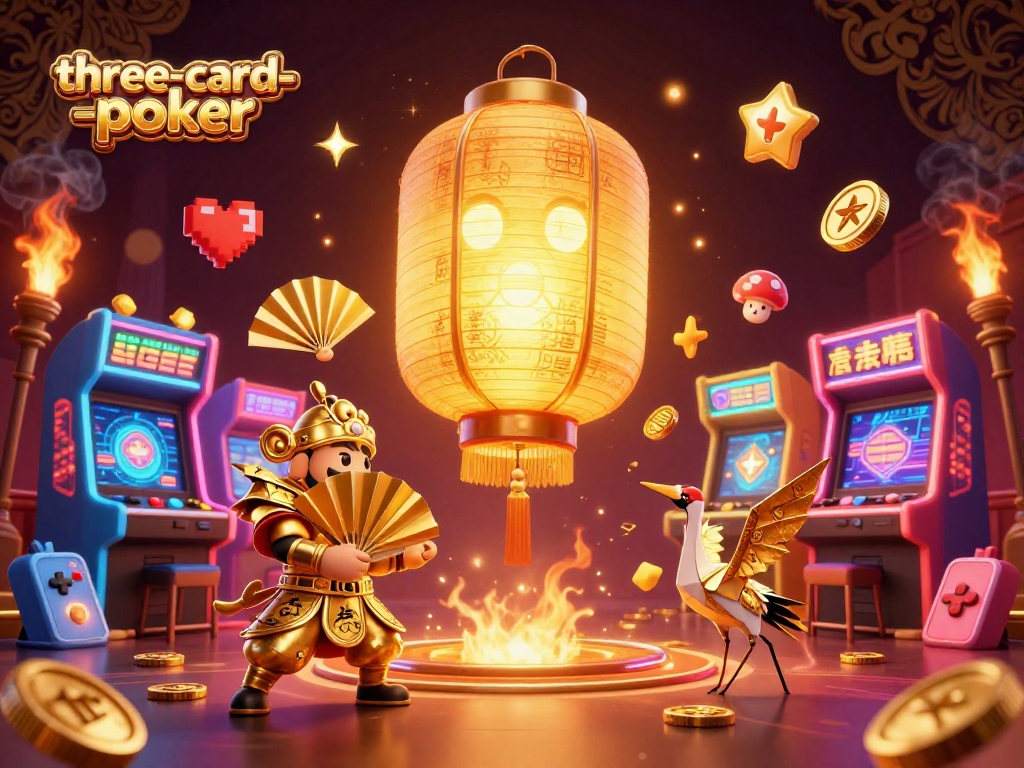 Engage in three-card-poker with a magical golden lantern spirit guiding players in a vibrant casino