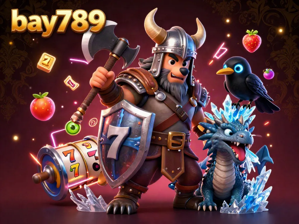Experience exciting slot gameplay at bay789 with a dynamic Viking warrior, dragon, and glowing elements.