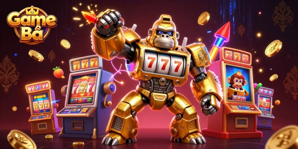 Experience the excitement of Game Bài with a dynamic 3D illustration showcasing a golden gorilla mech and slot elements.