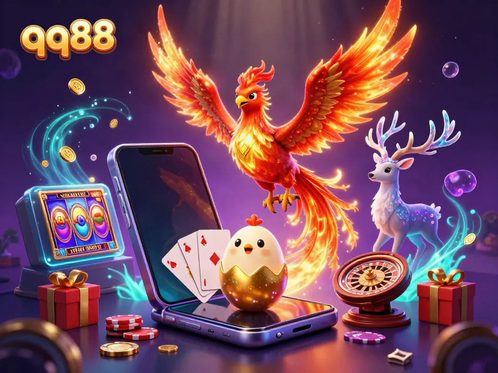 Experience thrilling wins at QQ88 with a vibrant 3D digital illustration highlighting excitement in gambling.