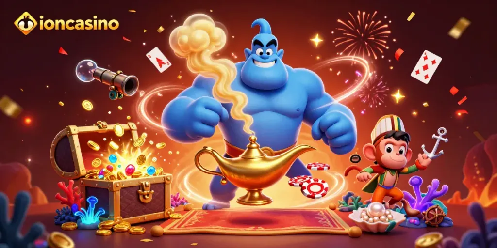 Engage in thrilling play at ioncasino with this vibrant, action-packed casino illustration.