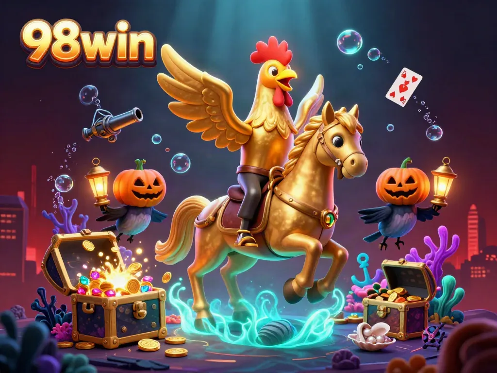 Experience the best of 98win with this vibrant 3D digital illustration of an engaging casino scene.