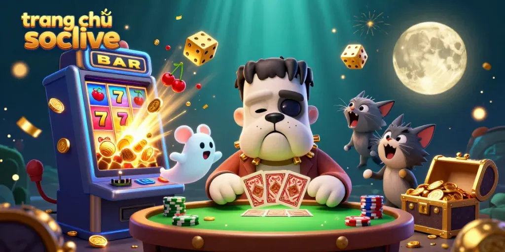 Engage in the excitement of trang chủ socolive with lively casino characters dealing cards at a winning table full of vibrant game elements.