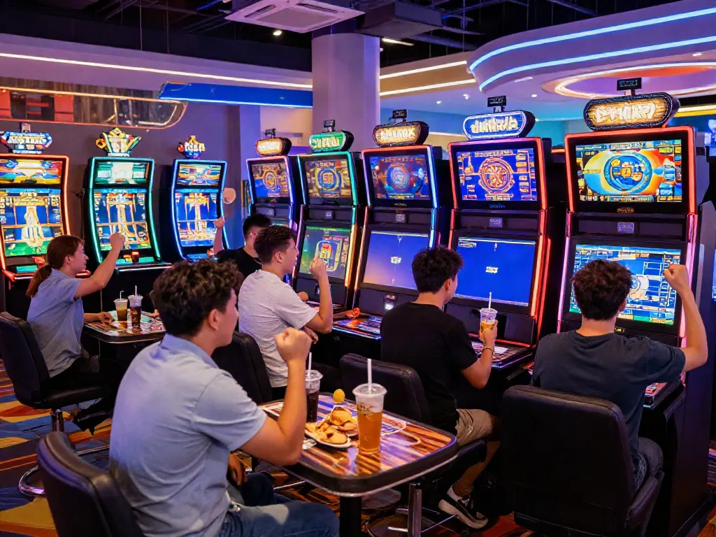 Excited players enjoying vibrant non GamStop casino gaming experience with colorful lights.