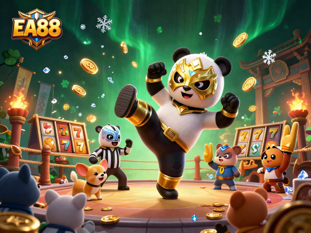 EA88 slots-themed scene with a panda wrestler and a referee chihuahua amidst cheering animal spectators.