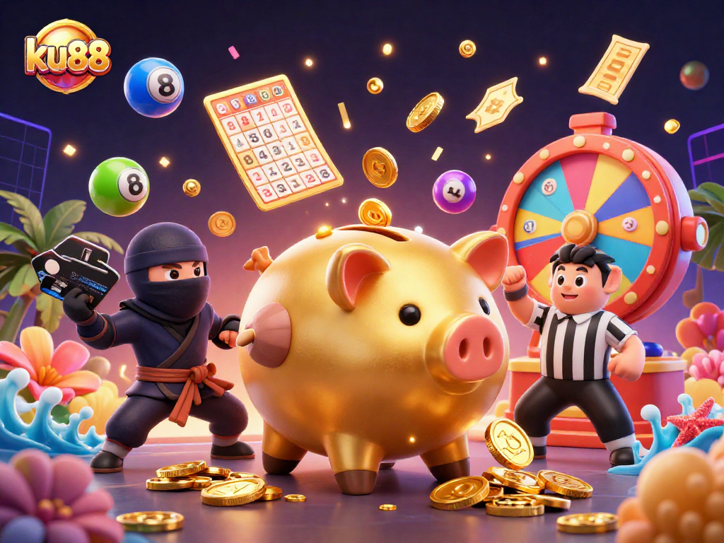 ku88's vibrant cartoon casino scene with a golden piggy bank sumo wrestler and lively game elements.