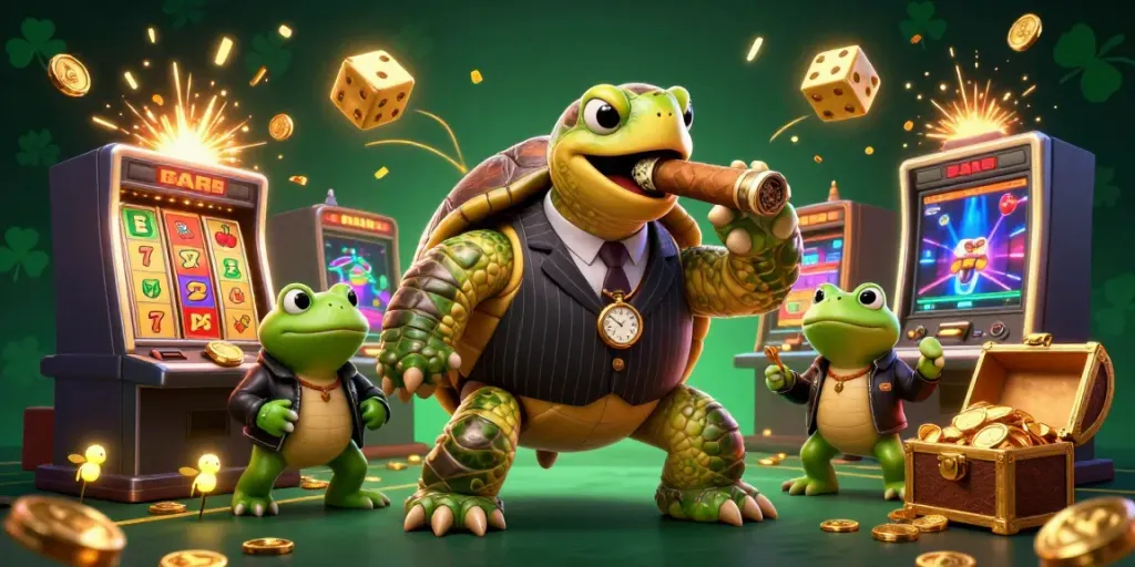 Experience thrilling casino excitement at lu88 with a cartoon turtle mobster, surrounded by slot machines and game elements.