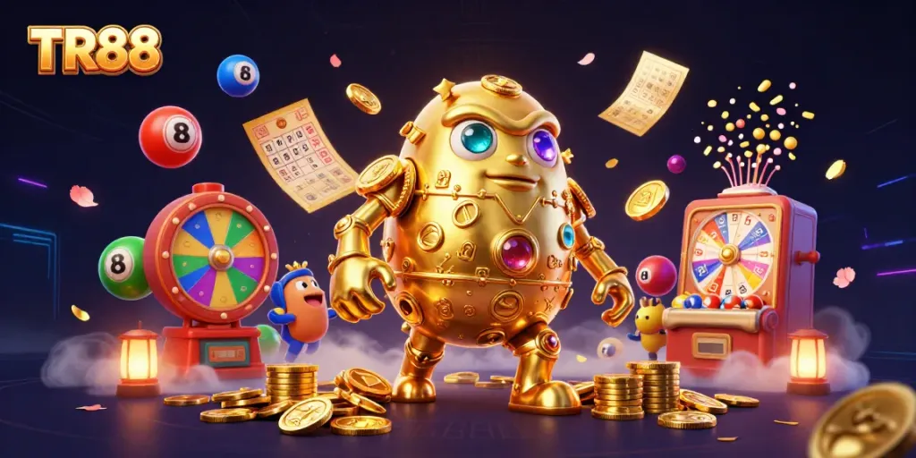 Engage with TR88's vibrant gaming world through a dynamic 3D illustration featuring exciting casino elements.