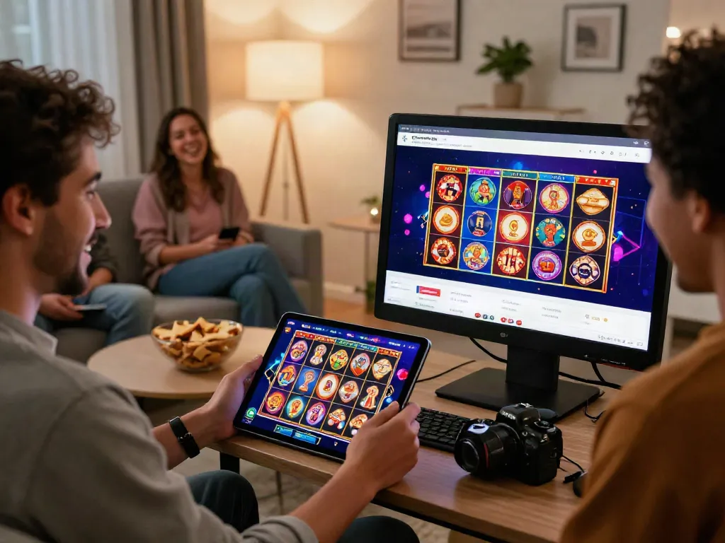 Exciting user engaging on non Gamstop online casino platform with friends in cozy living room.