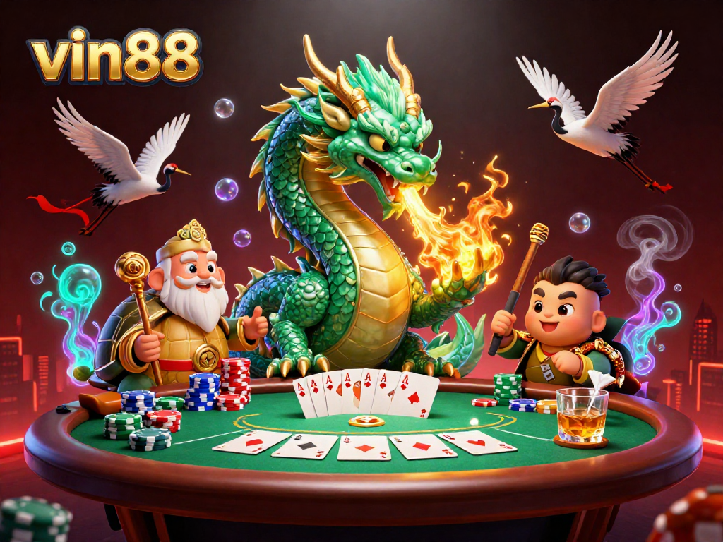 Win big at vin88 with dragon and turtle sage in a vibrant casino scene.