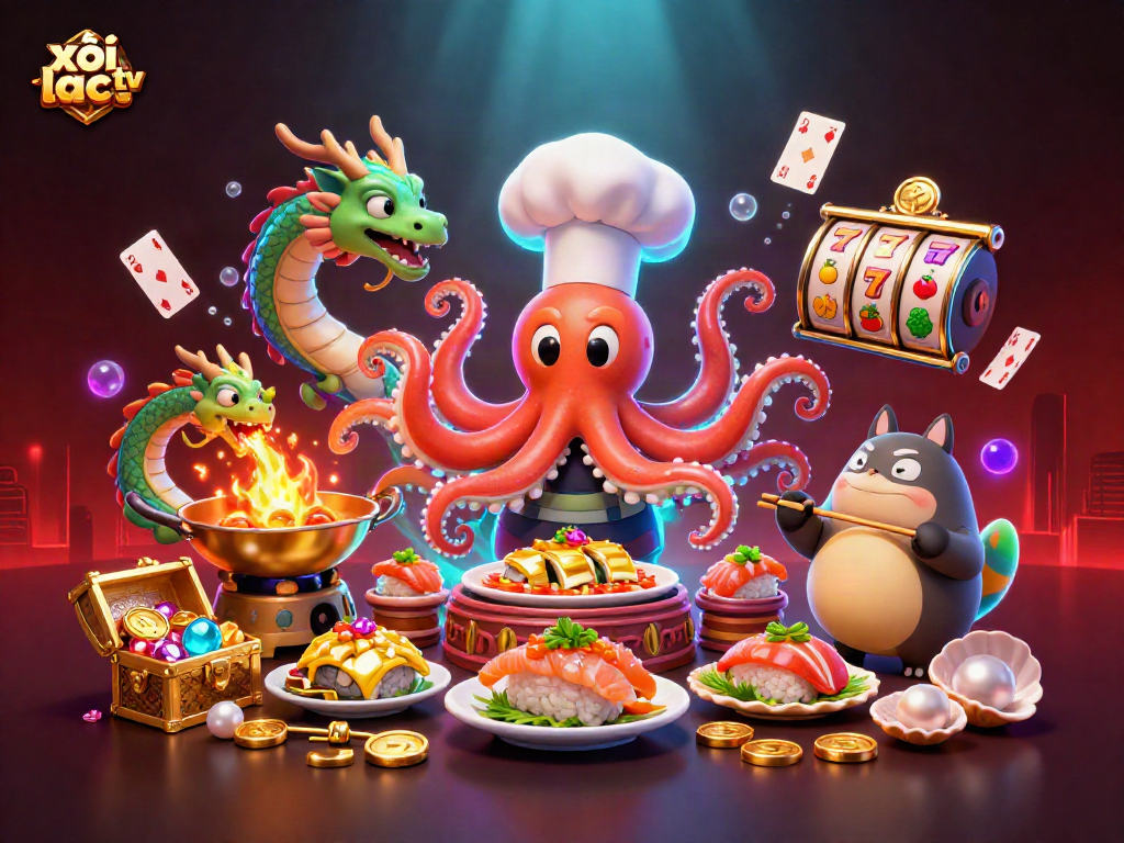 xôi lạc tv brings excitement with a vibrant 3D casino scene featuring a sushi chef octopus, dragon, and tanuki.