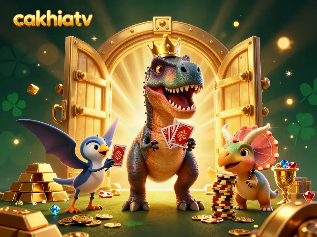 Engage in exciting gambling experiences at cakhiatv with a 3D illustration depicting a humorous dinosaur card game scene
