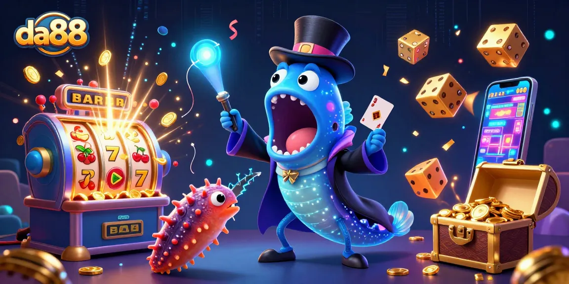 da88 showcases a bioluminescent eel magician performing thrilling card tricks in a dynamic casino scene.