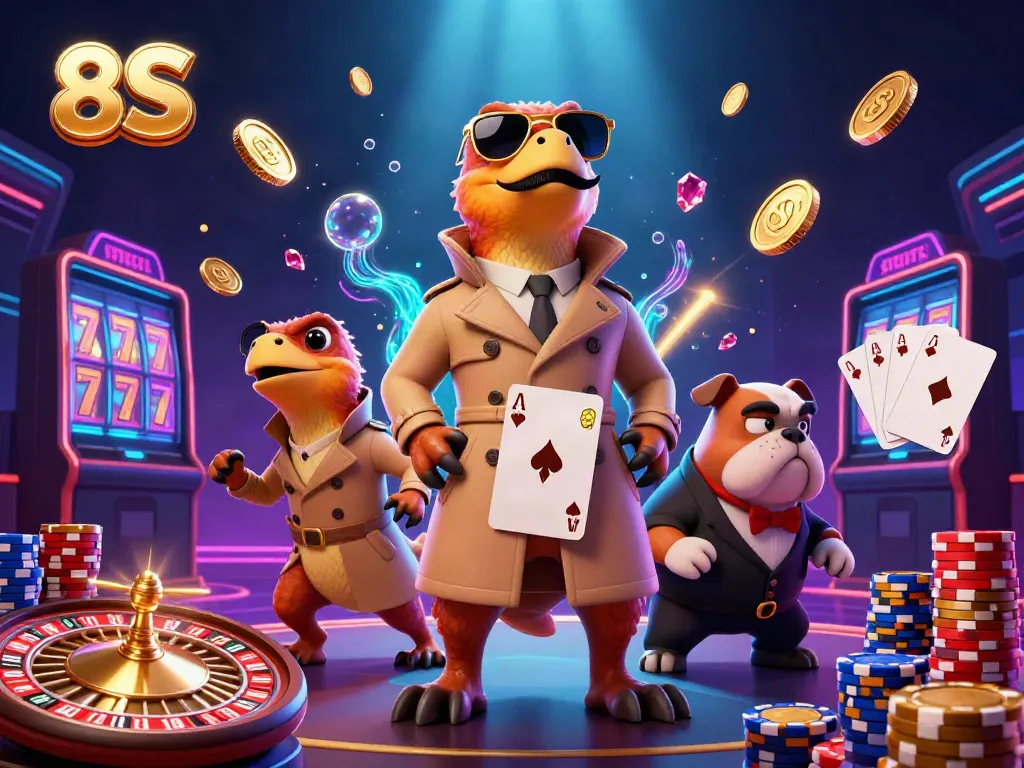 Watch three raptors in a trench coat enter a casino as they scatter golden coins in 8S theme.
