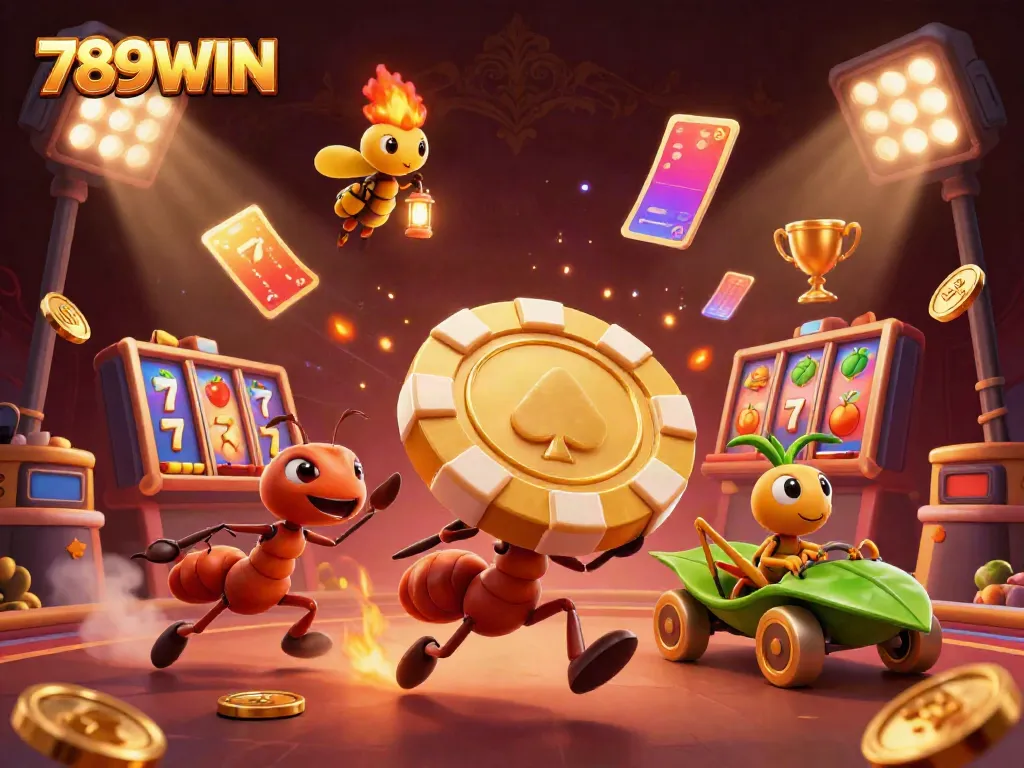Ant team heist with golden poker chip and lively casino elements showcasing 789WIN.