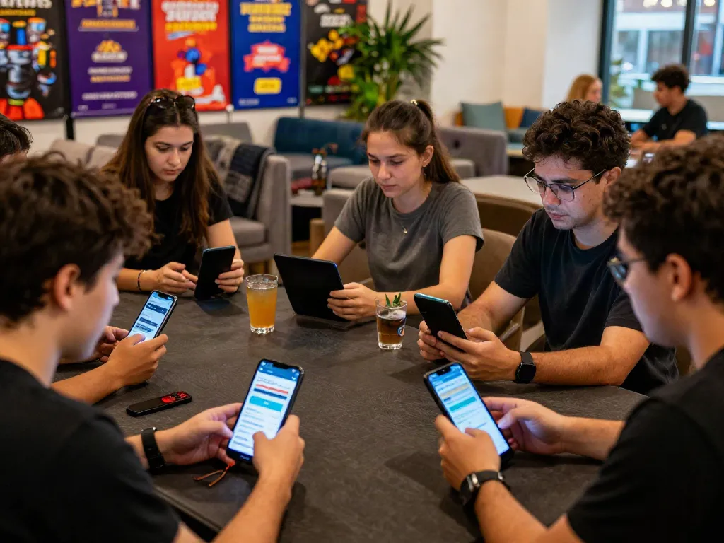 Group of friends excitedly exploring non GamStop casinos on mobile devices.