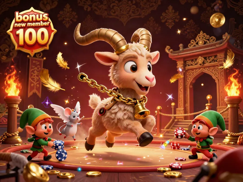 An energetic scene of a 3D cartoon Krampus goat promoting the bonus new member 100, with playful elements and casino symbols.