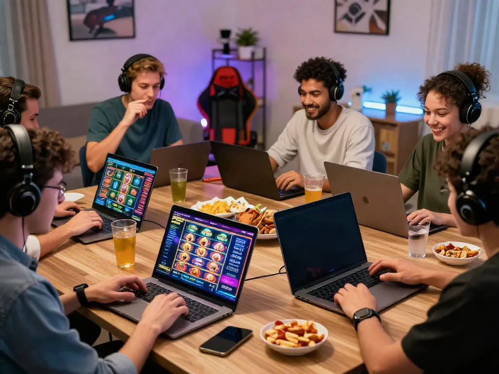 Diverse players enjoying non gamstop online casinos on laptops and smartphones in a lively home setting.