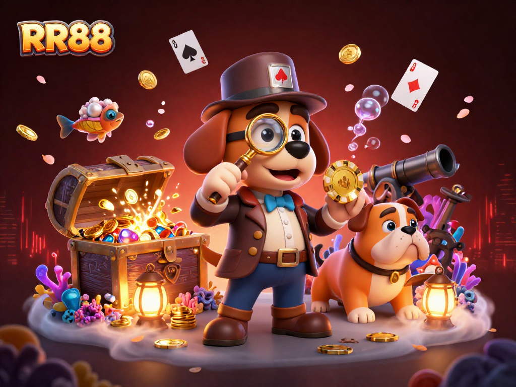 Engage in thrilling action at RR88 with a detective investigating poker clues and vibrant casino elements.