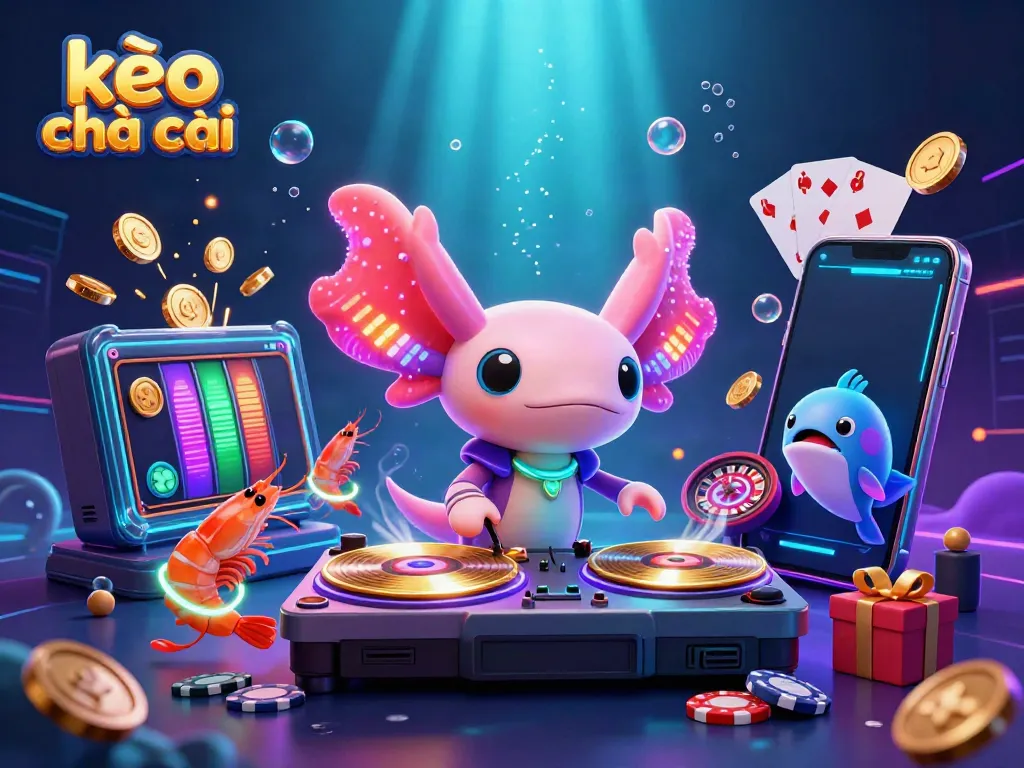 Engage with kèo nhà cái through vibrant visuals of an axolotl DJ, shrimp dancers, and dynamic gaming elements.