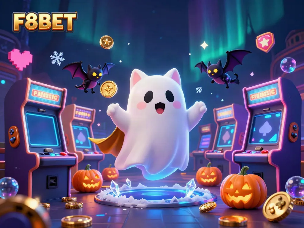 Experience thrilling games at F8BET casino with a vibrant ghostly cat and bat in a haunted setting.