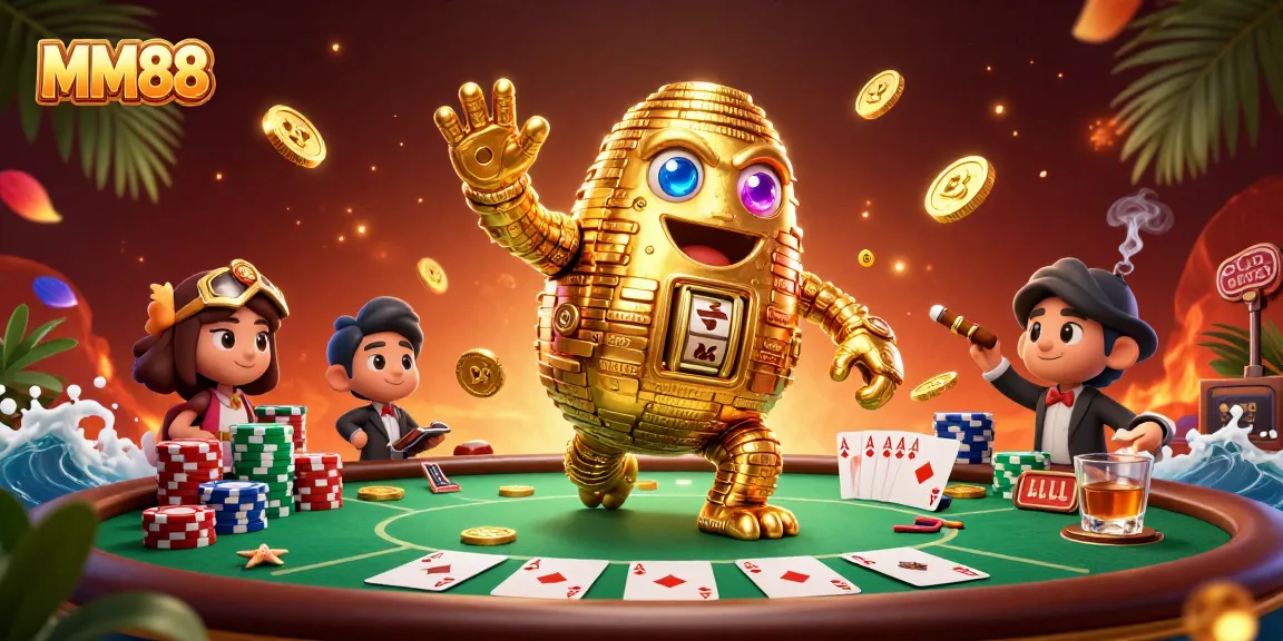 Engage with MM88 in this dynamic illustration of a golden golem amidst vibrant casino elements.